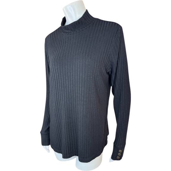 Susan Graver Rib Knit Mock Neck Long Sleeve Top with Button Detail Black Large - Picture 10 of 11
